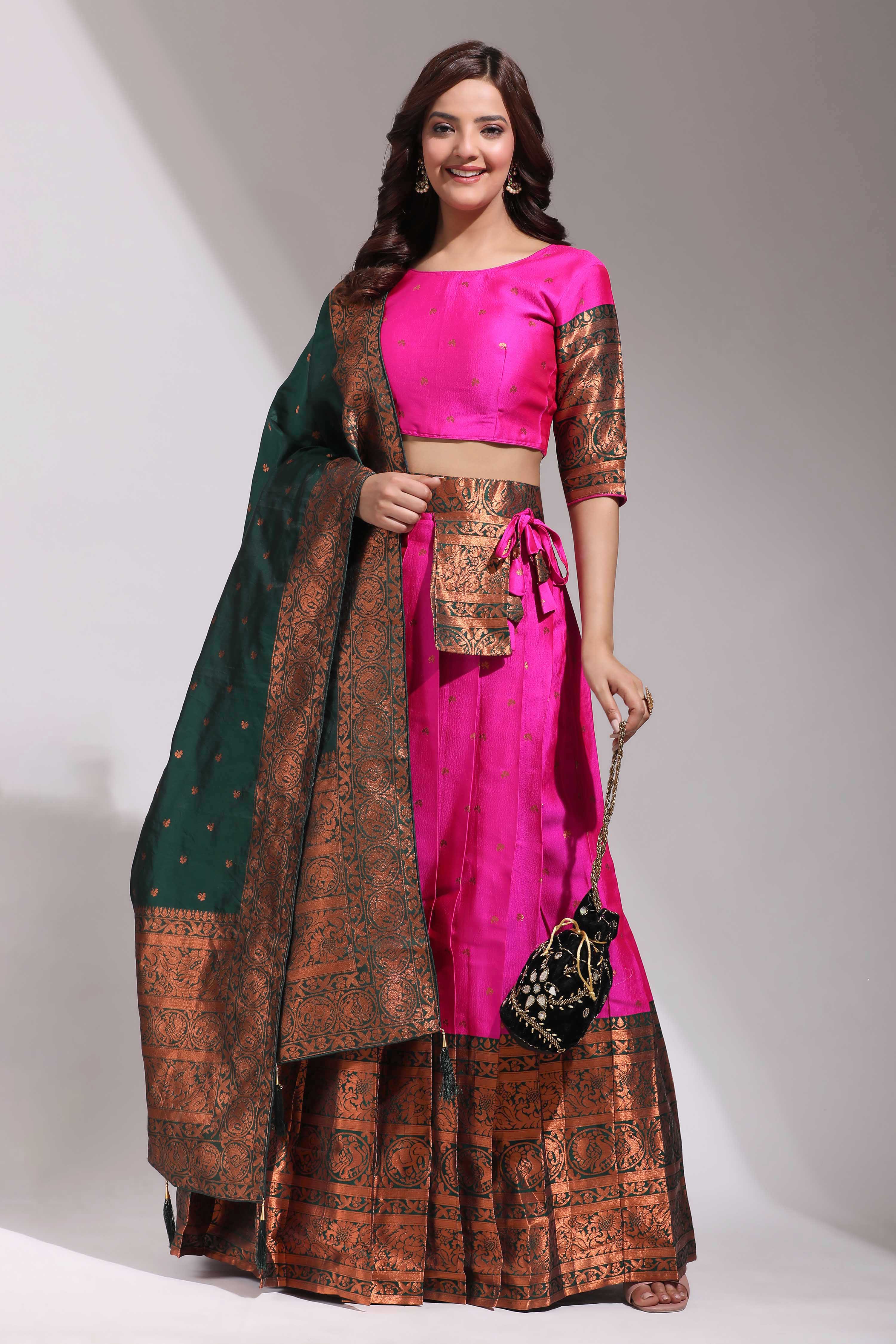 Clover Woven with Zari Work Semi-Stitched Half Saree with Dupatta