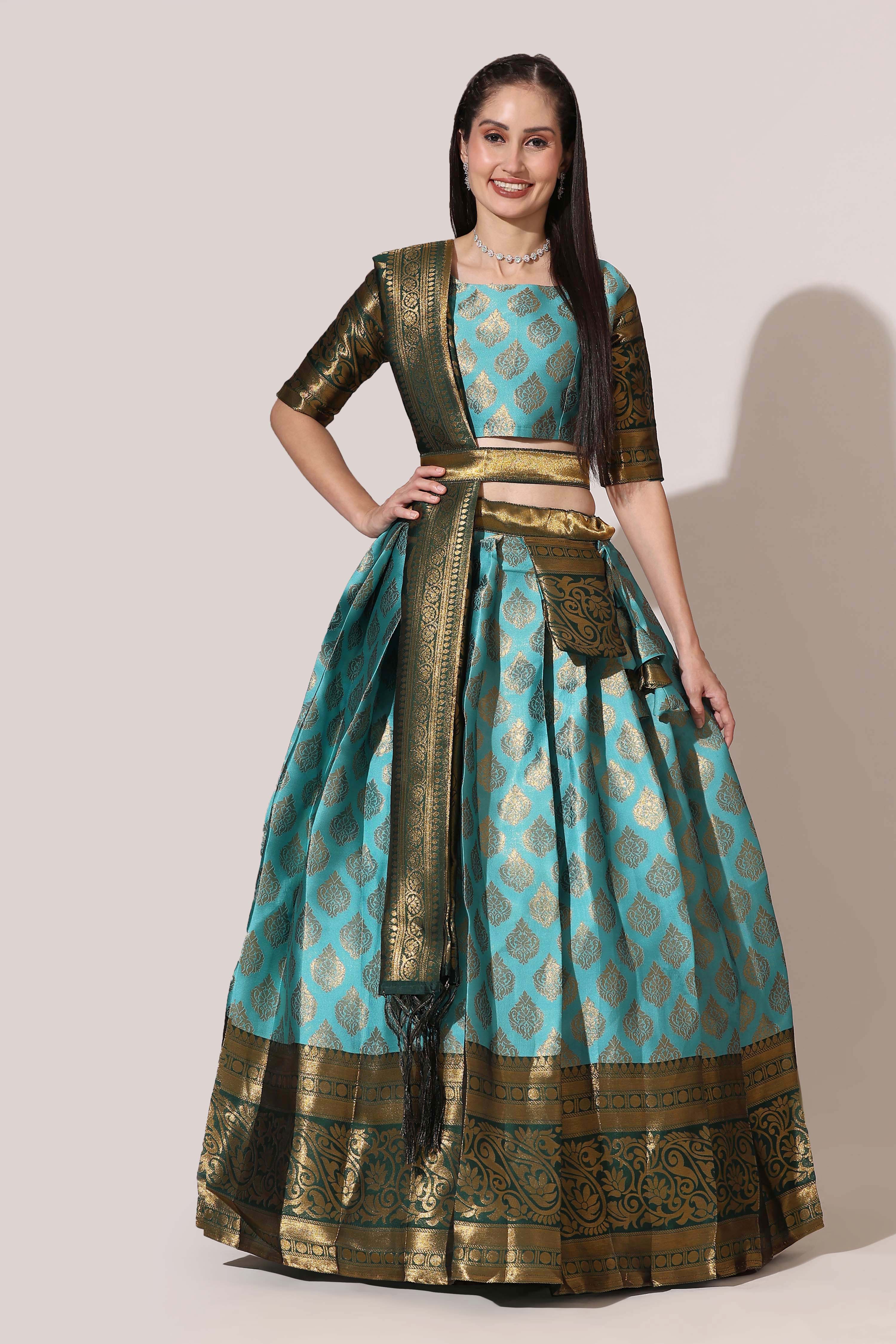 Designer Zari Work Semi-Stitched Half Saree with Dupatta