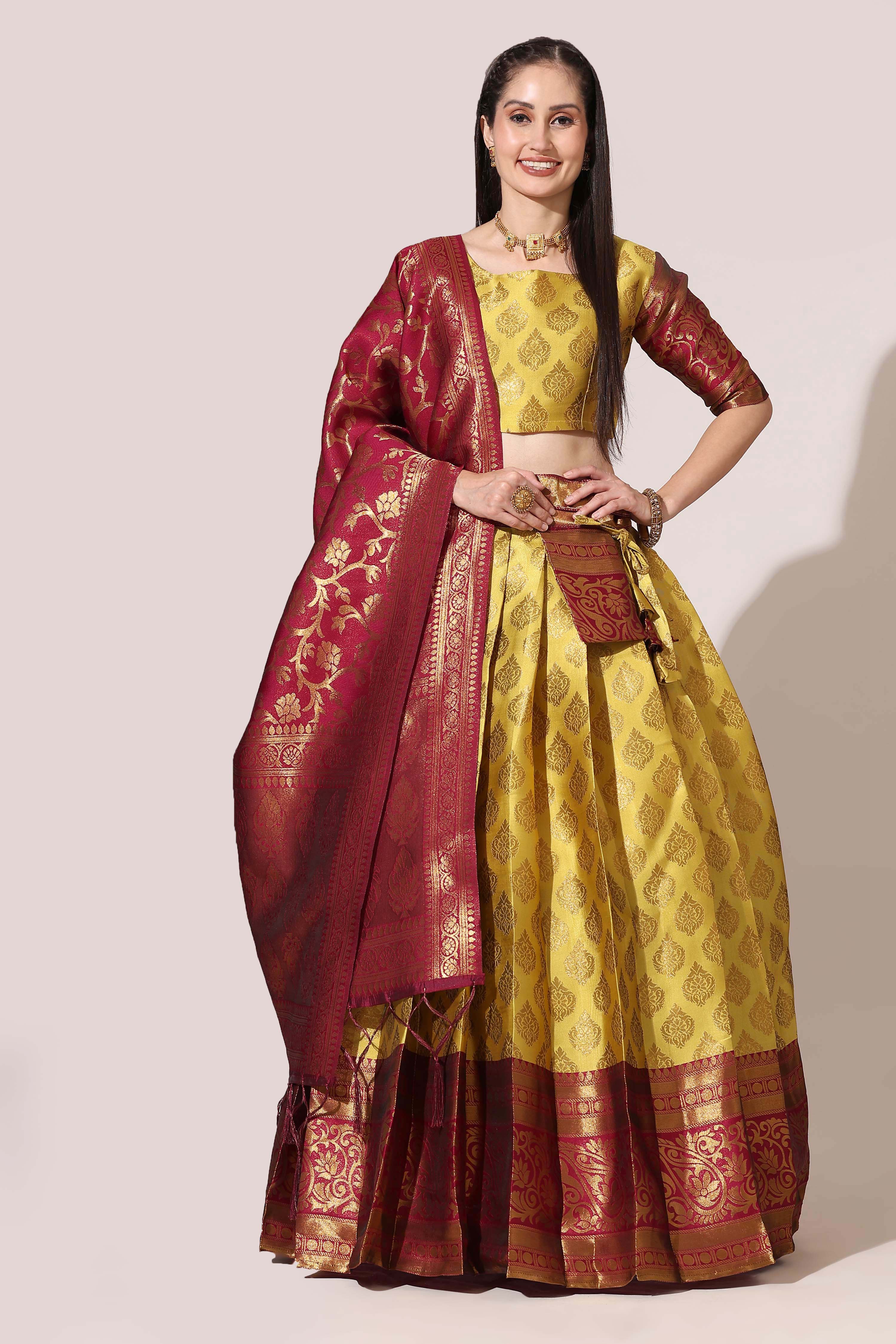 Designer Zari Work Semi-Stitched Half Saree with Dupatta