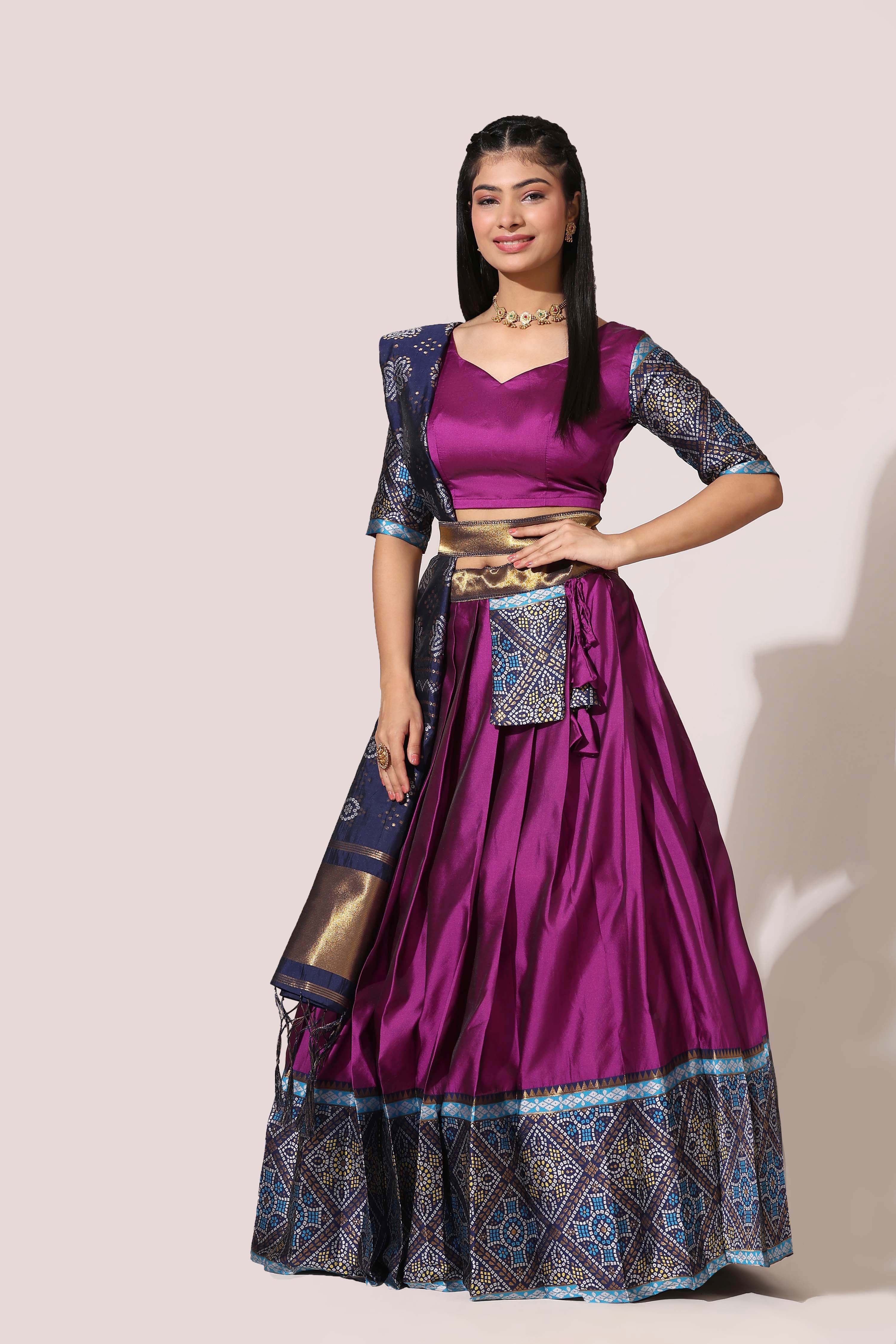 Bandhani Zari Work Semi-Stitched Half Saree with Unstitched Blouse with Dupatta