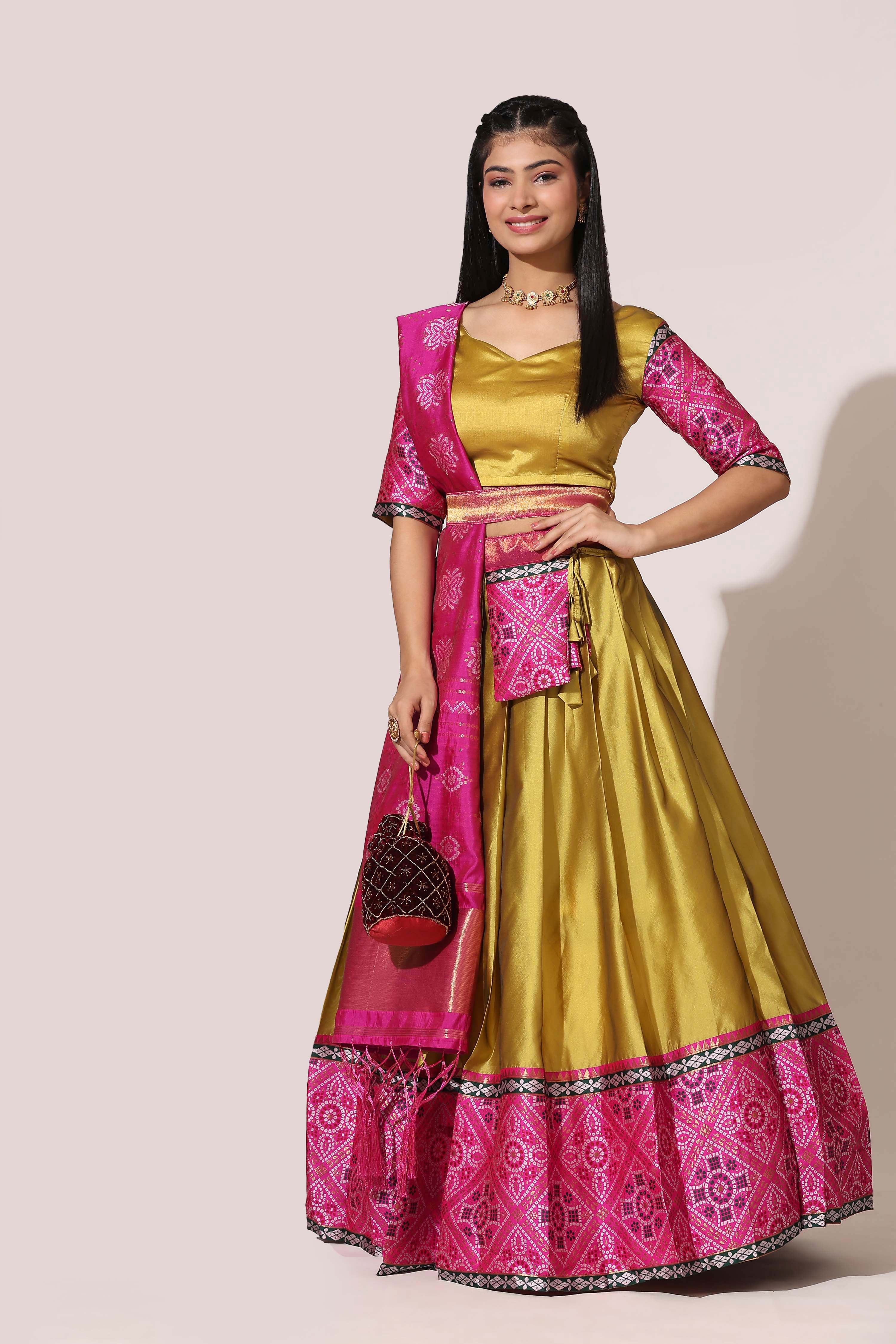 Bandhani Zari Work Semi-Stitched Half Saree with Unstitched Blouse with Dupatta