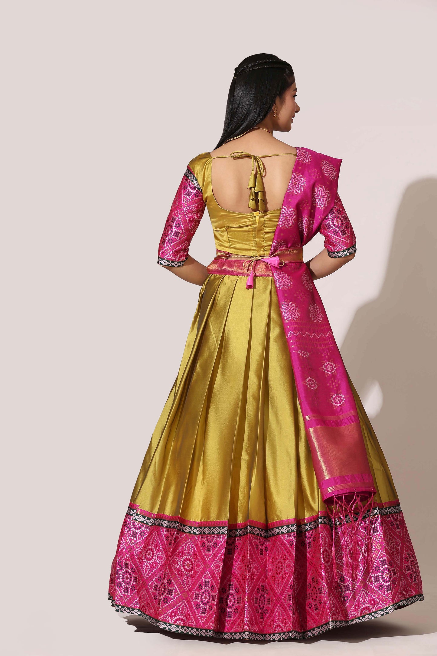 Bandhani Zari Work Semi-Stitched Half Saree with Unstitched Blouse with Dupatta