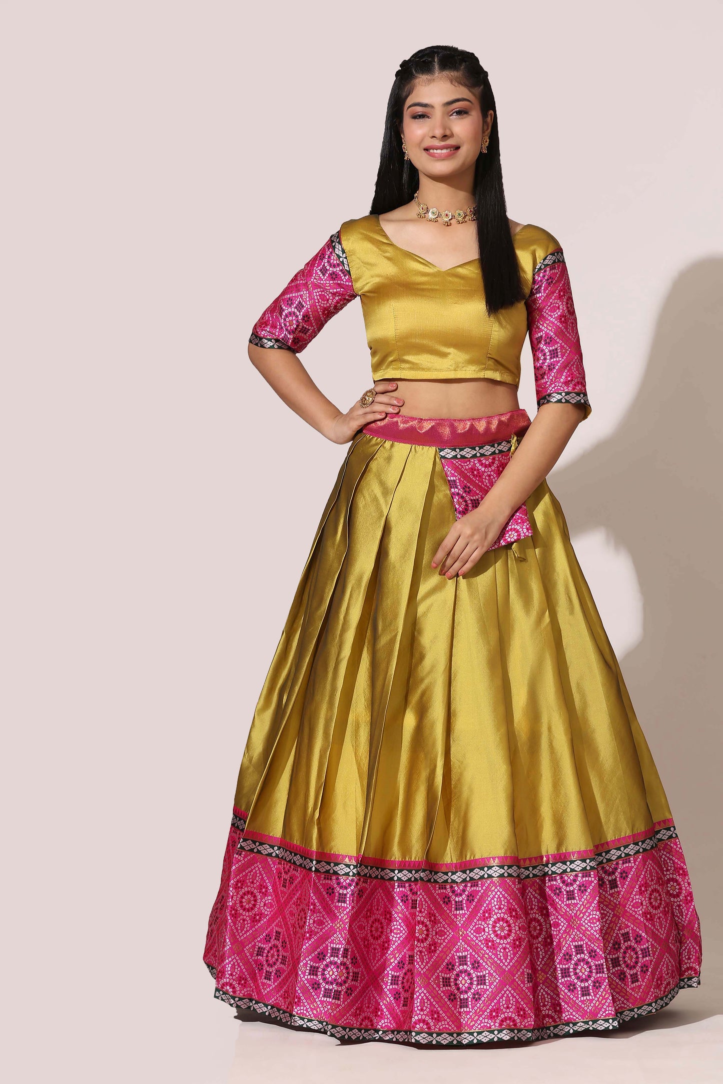 Bandhani Zari Work Semi-Stitched Half Saree with Unstitched Blouse with Dupatta