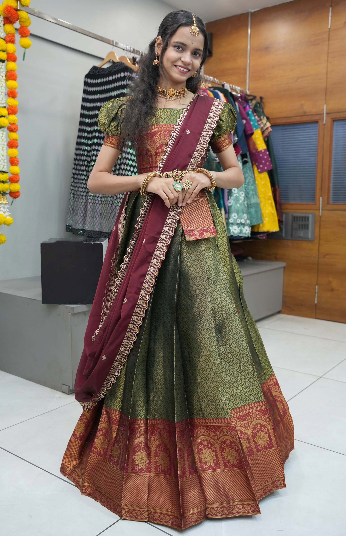 Beautiful Woven with Zari Weaving Half Saree & Rangoli Embroidery Dupatta