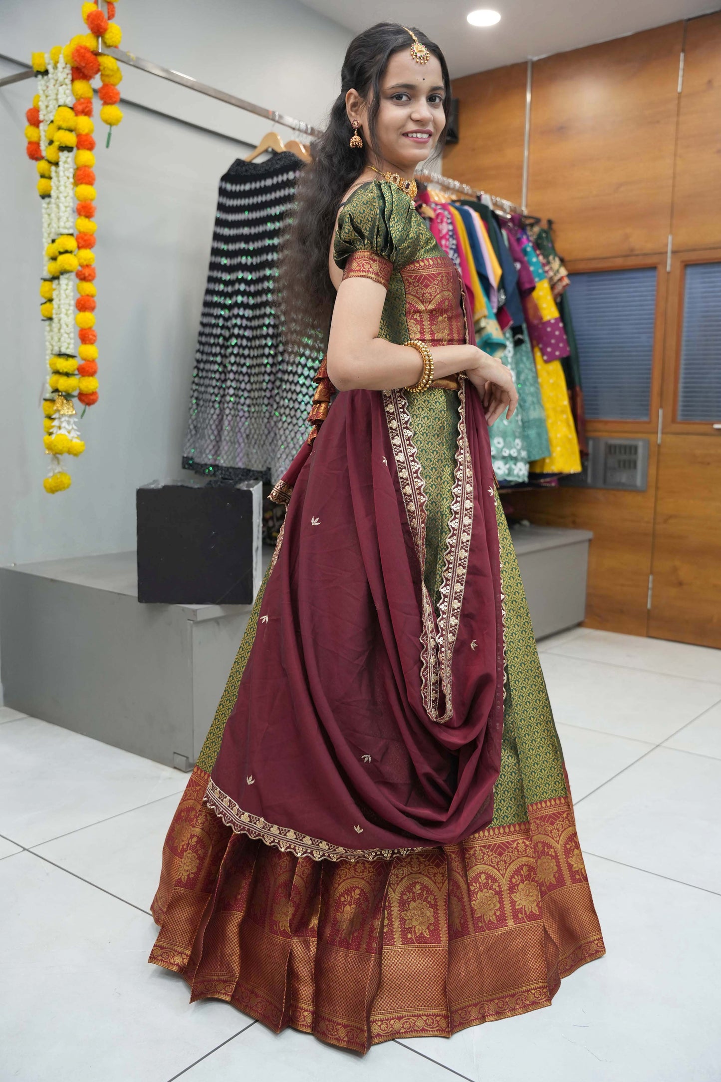 Beautiful Woven with Zari Weaving Half Saree & Rangoli Embroidery Dupatta