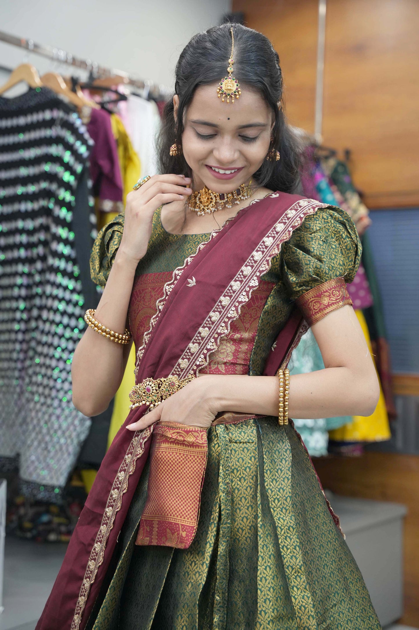 Beautiful Woven with Zari Weaving Half Saree & Rangoli Embroidery Dupatta