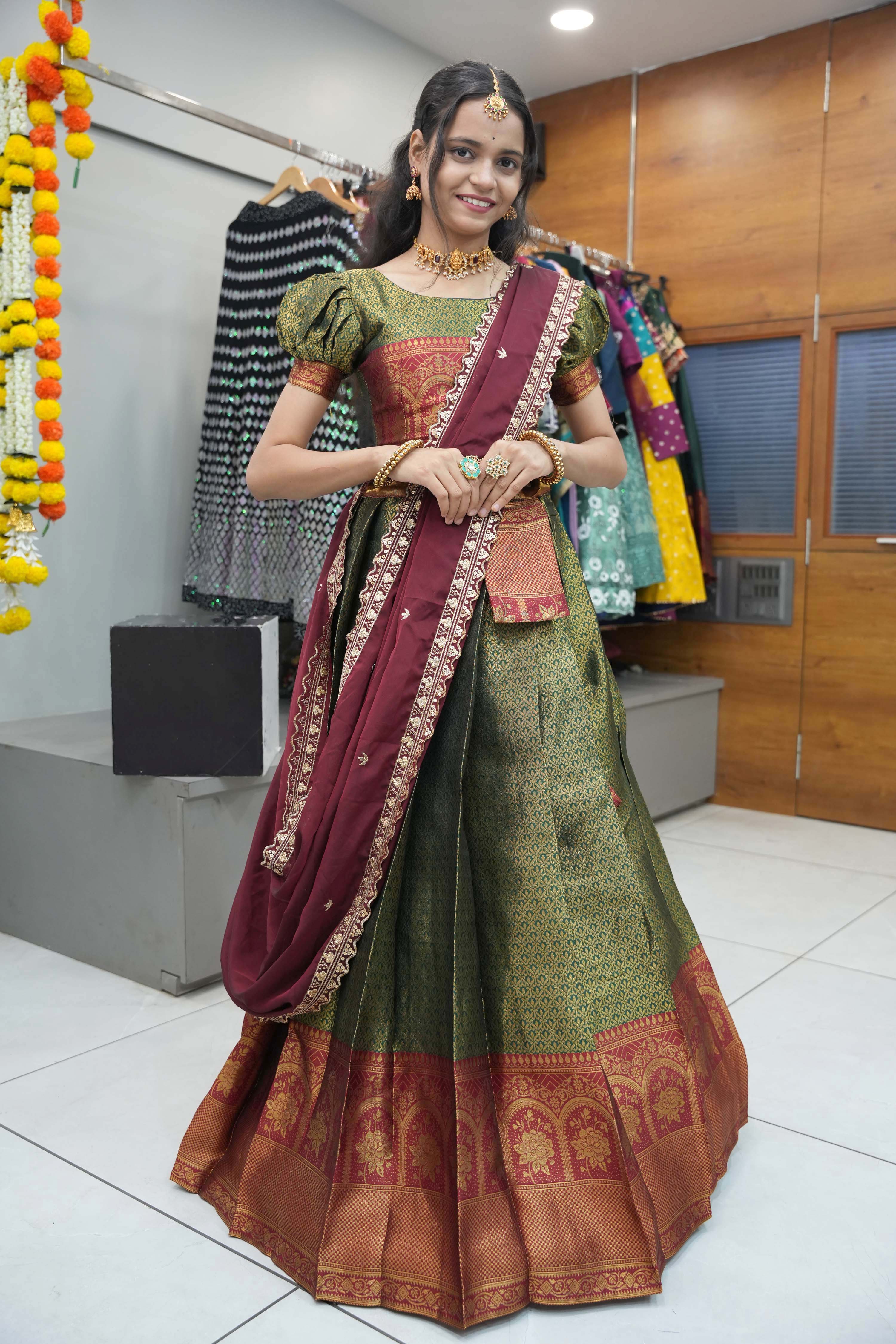 Beautiful Woven with Zari Weaving Half Saree & Rangoli Embroidery Dupatta