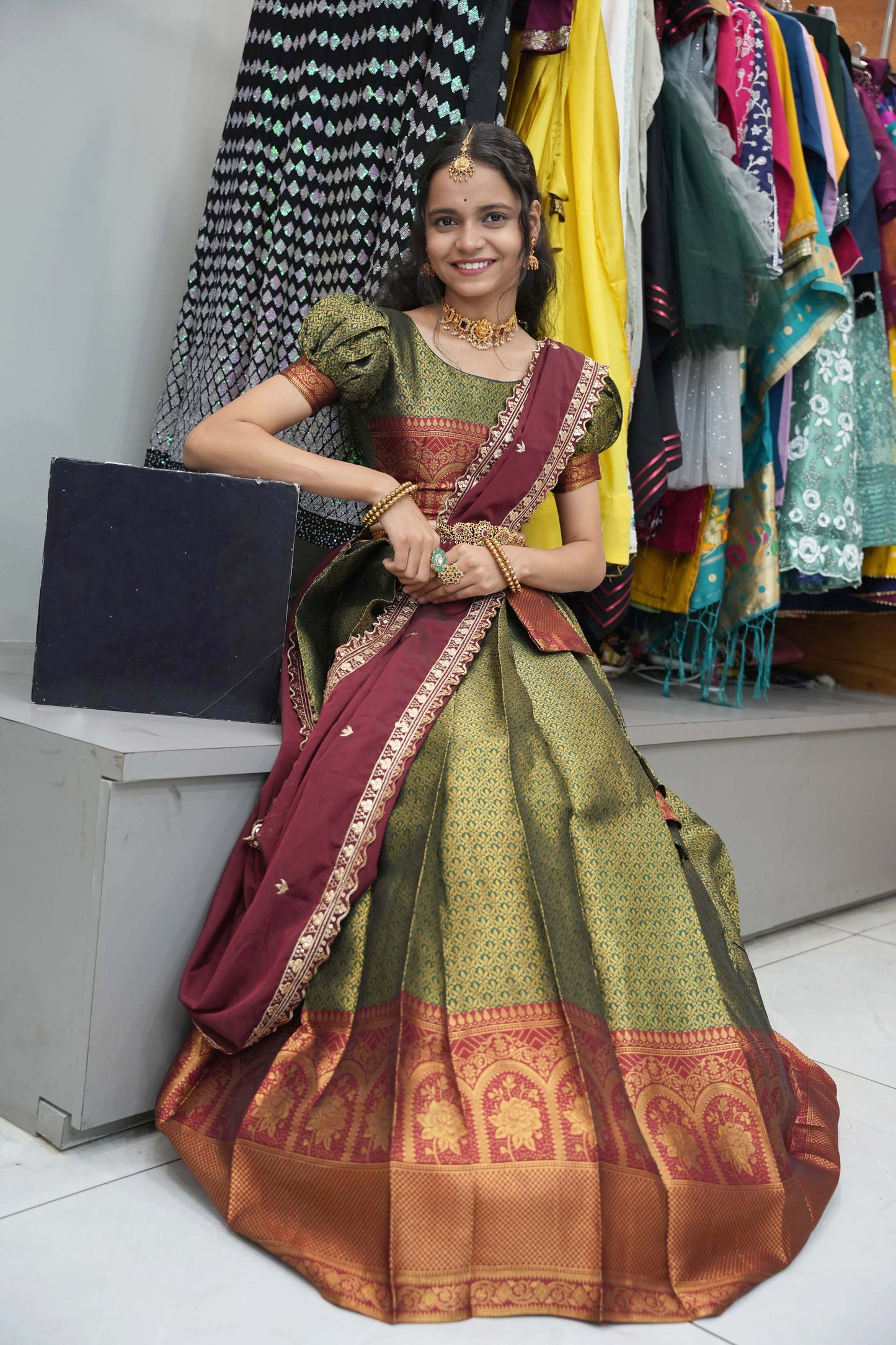 Beautiful Woven with Zari Weaving Half Saree & Rangoli Embroidery Dupatta