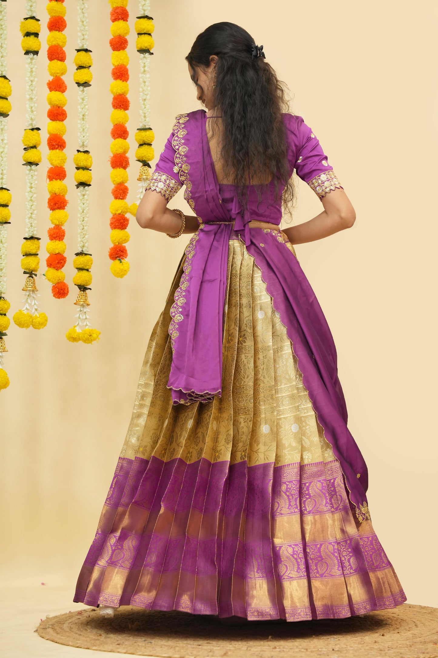 Premium Zari Half Saree with Embroidery Blouse & Rangoli Embroidery Dupatta