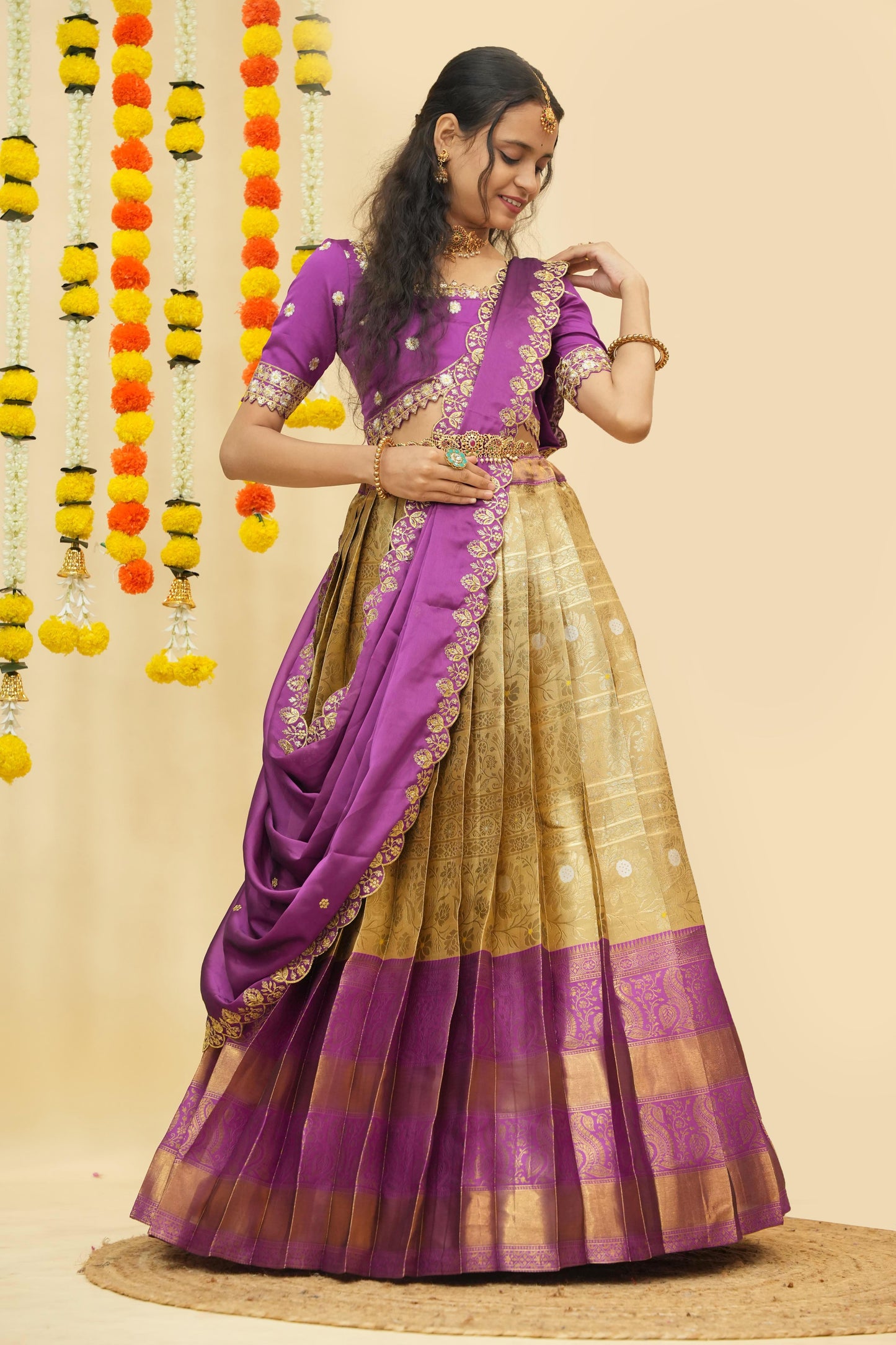 Premium Zari Half Saree with Embroidery Blouse & Rangoli Embroidery Dupatta