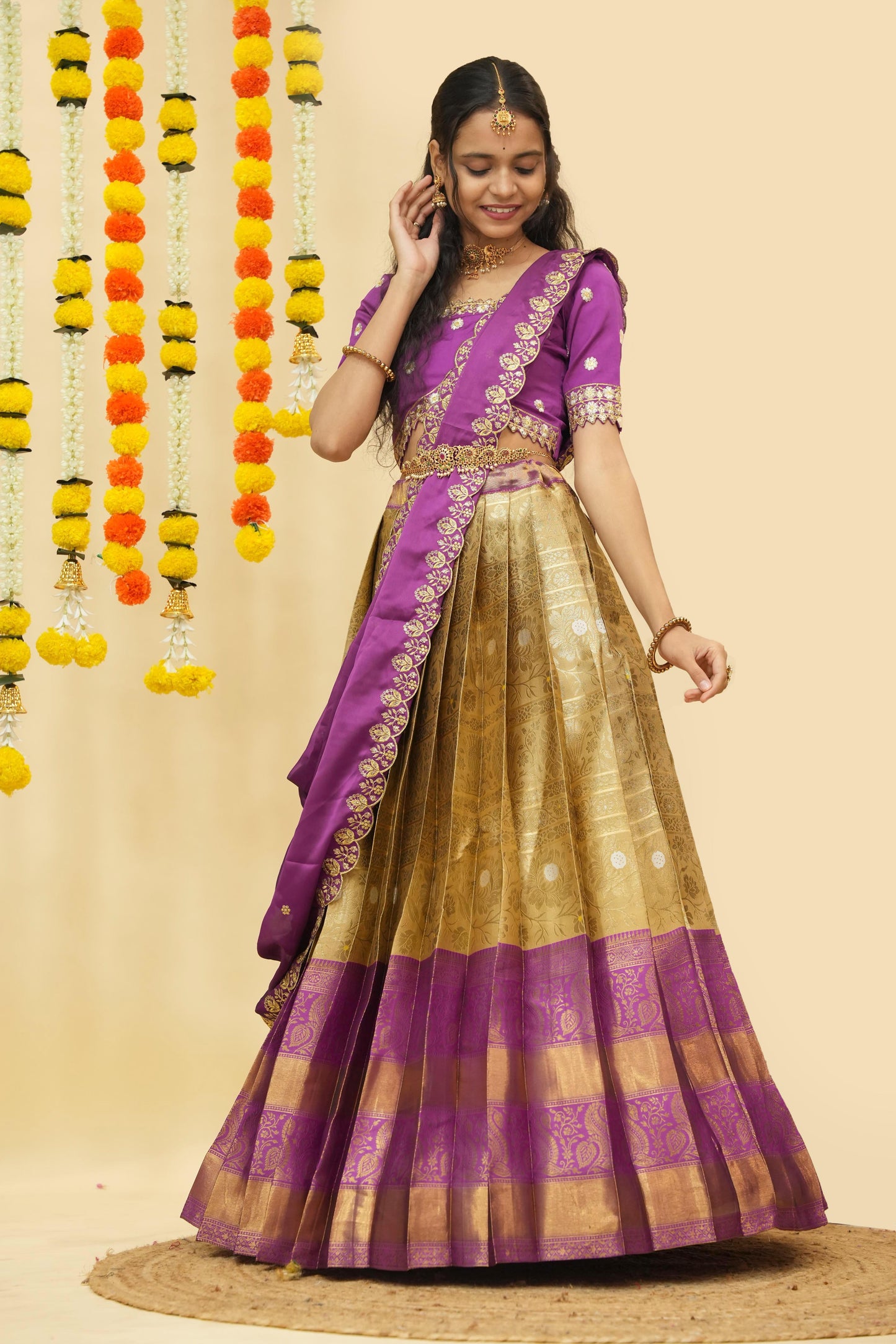 Premium Zari Half Saree with Embroidery Blouse & Rangoli Embroidery Dupatta