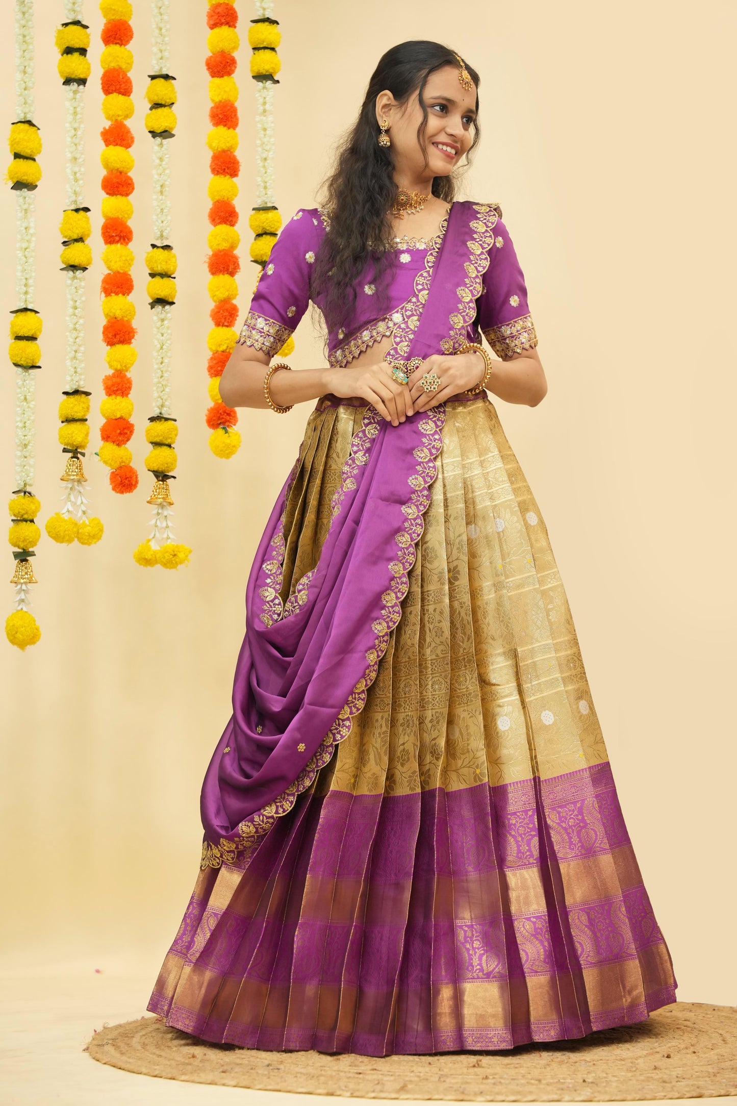 Premium Zari Half Saree with Embroidery Blouse & Rangoli Embroidery Dupatta