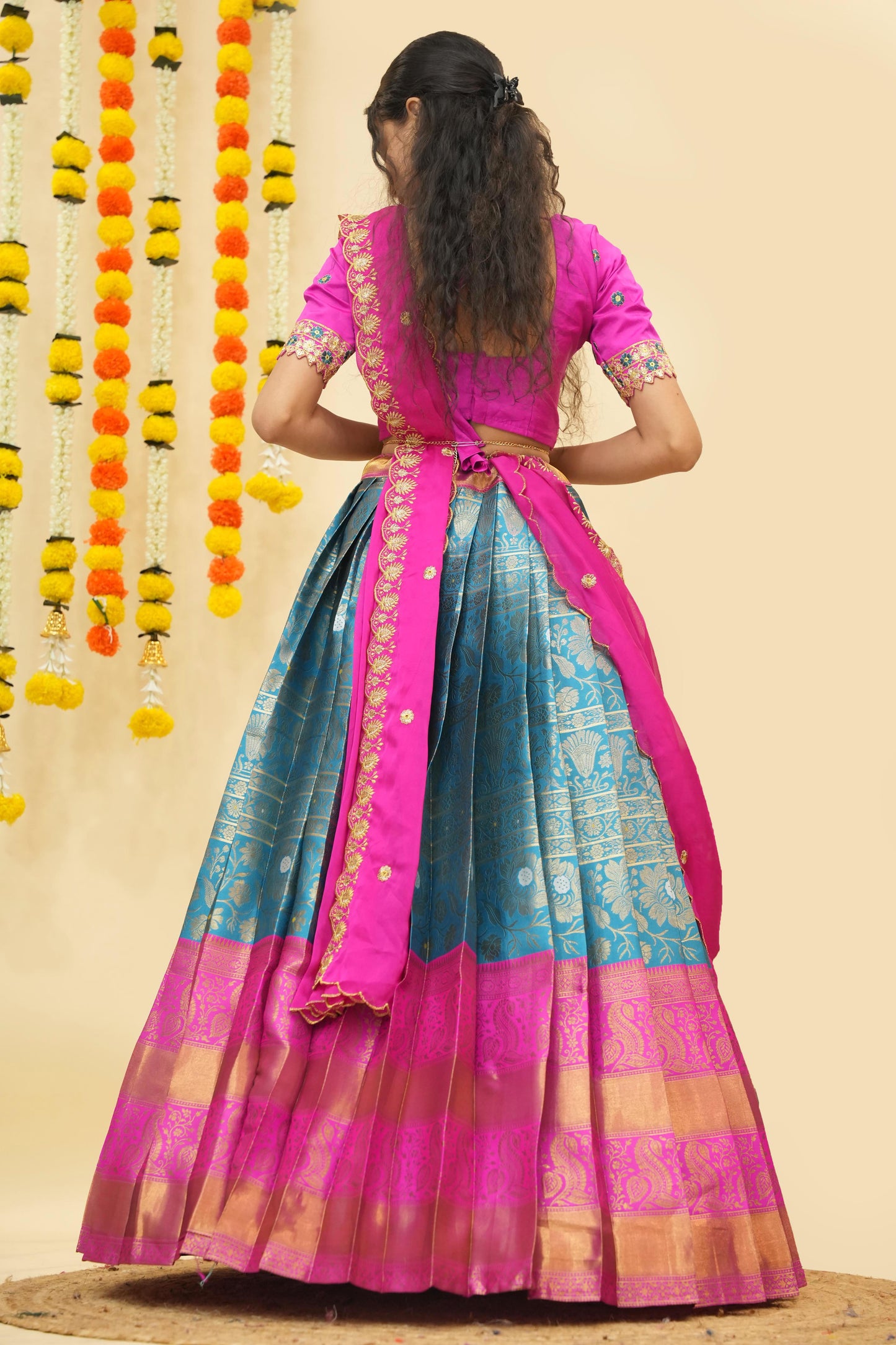 Premium Zari Half Saree with Embroidery Blouse & Rangoli Embroidery Dupatta