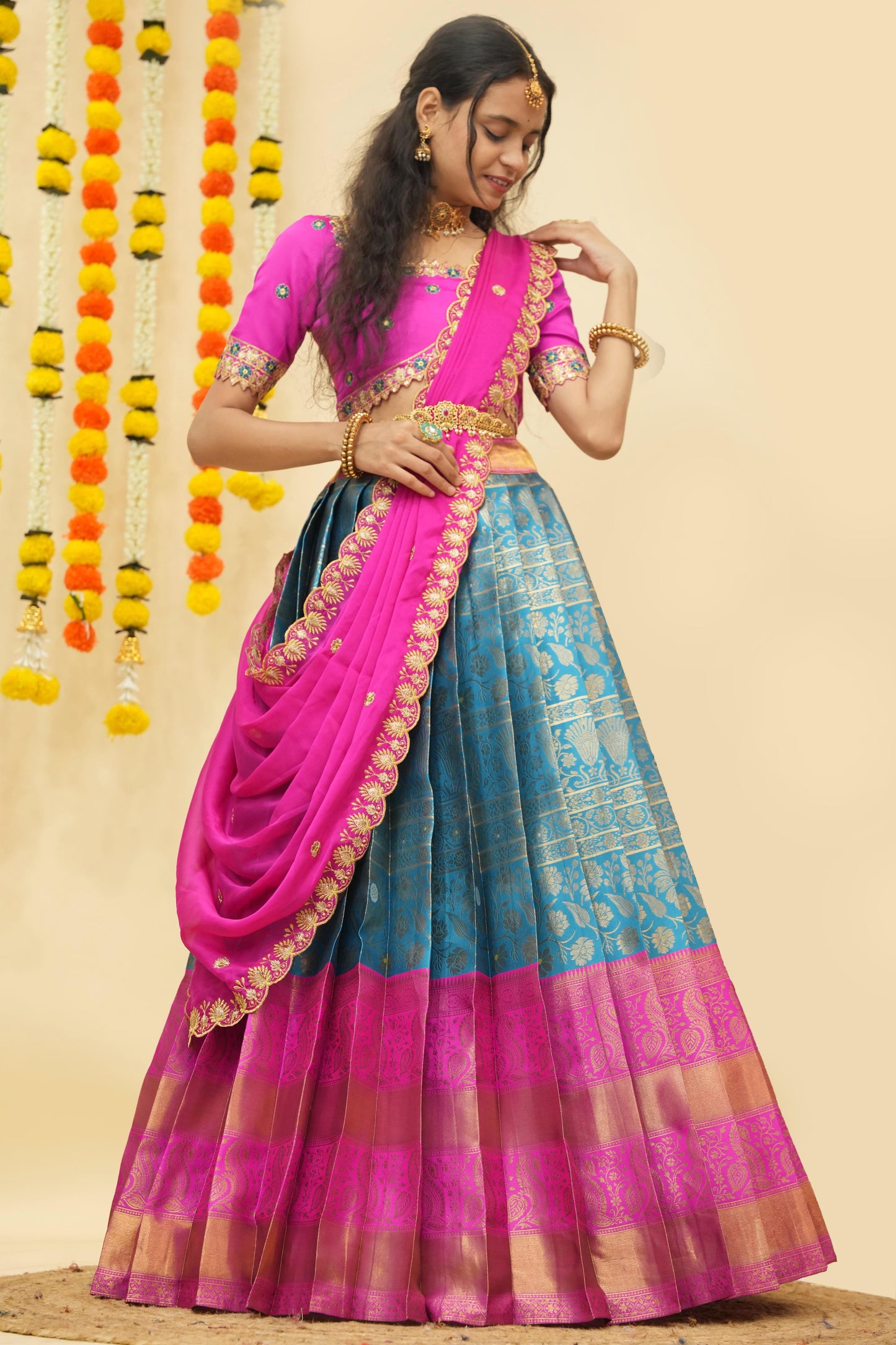 Premium Zari Half Saree with Embroidery Blouse & Rangoli Embroidery Dupatta