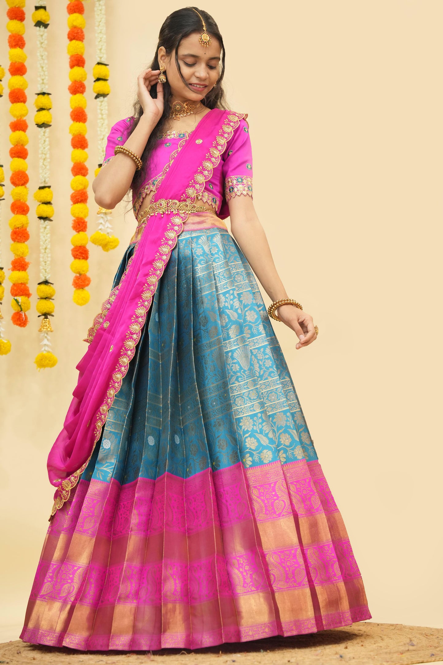 Premium Zari Half Saree with Embroidery Blouse & Rangoli Embroidery Dupatta