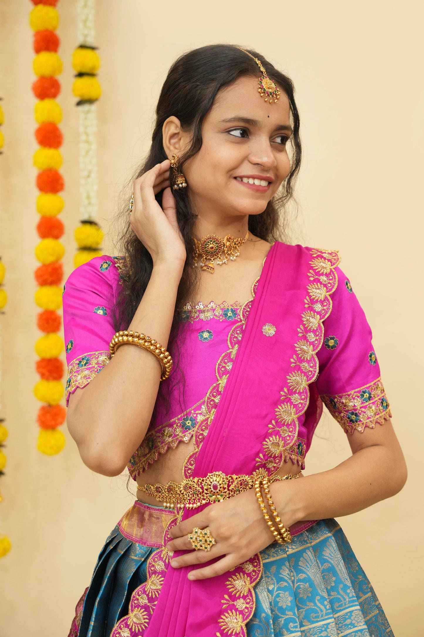Premium Zari Half Saree with Embroidery Blouse & Rangoli Embroidery Dupatta