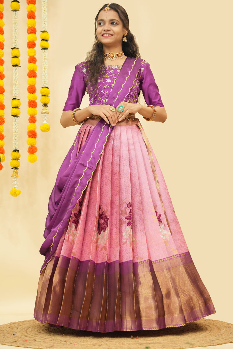 Premium Zari Half Saree with Embroidery Blouse & Rangoli Embroidery Dupatta