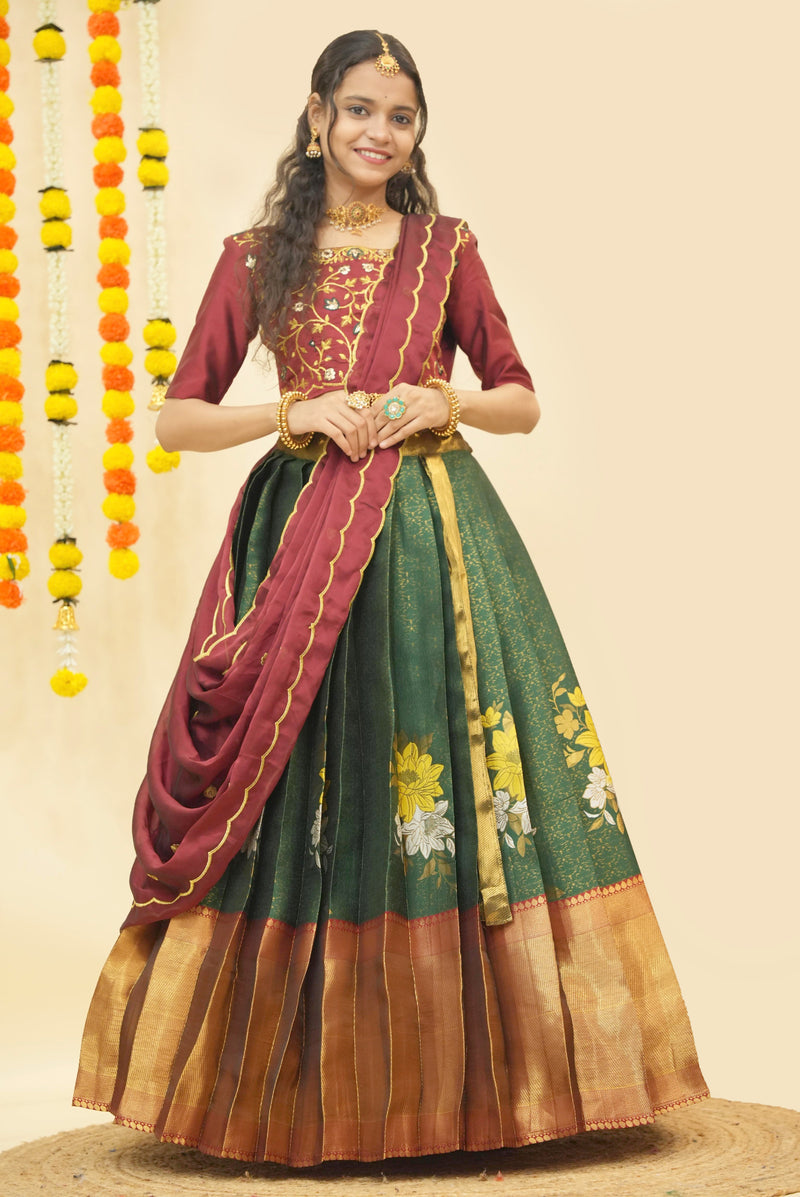 Premium Zari Half Saree with Embroidery Blouse & Rangoli Embroidery Dupatta