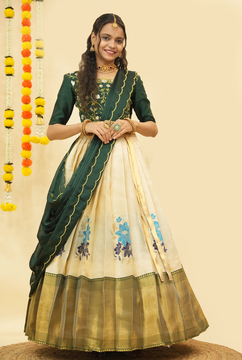 Premium Zari Half Saree with Embroidery Blouse & Rangoli Embroidery Dupatta