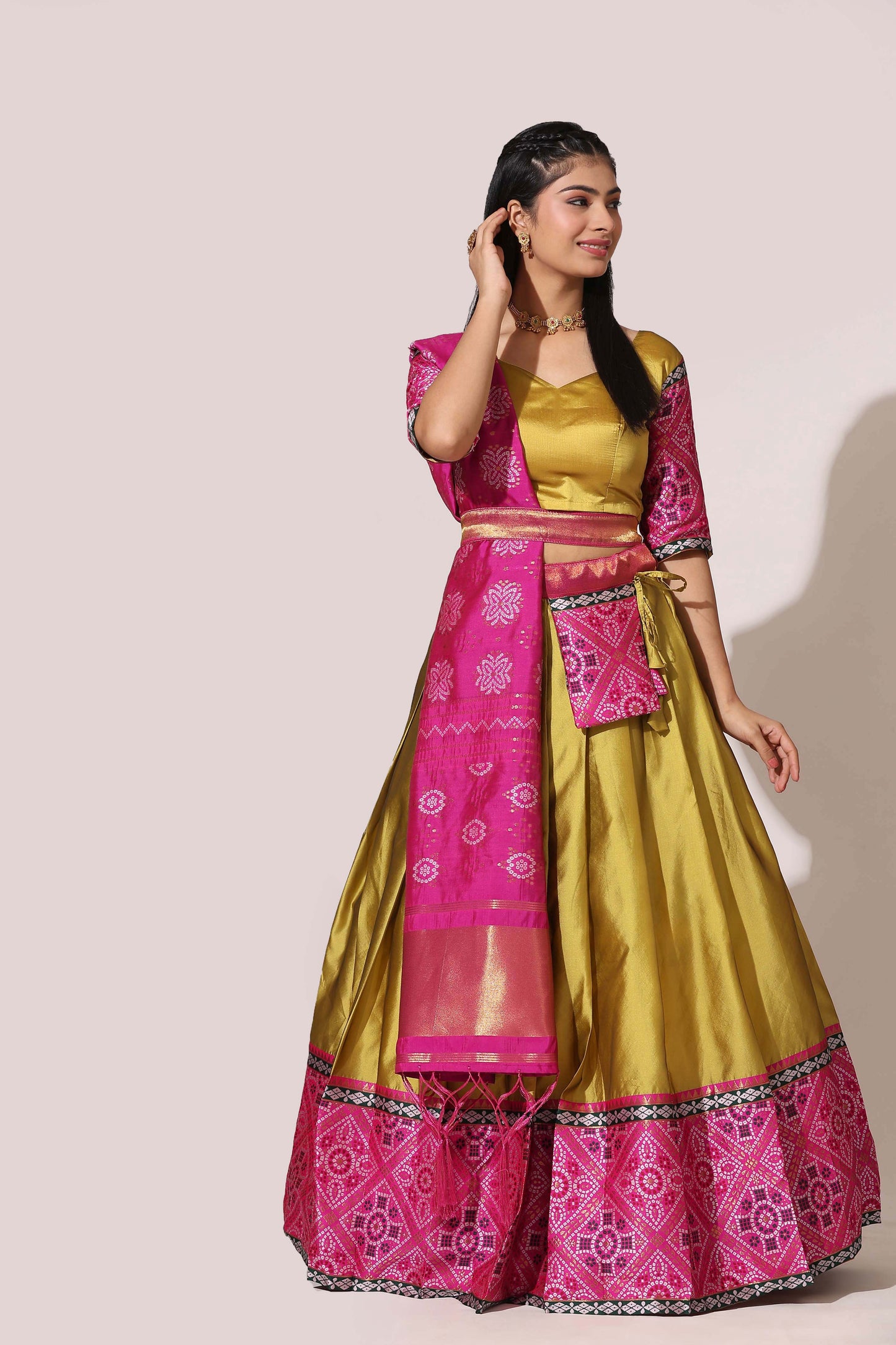 Bandhani Zari Work Semi-Stitched Half Saree with Unstitched Blouse with Dupatta