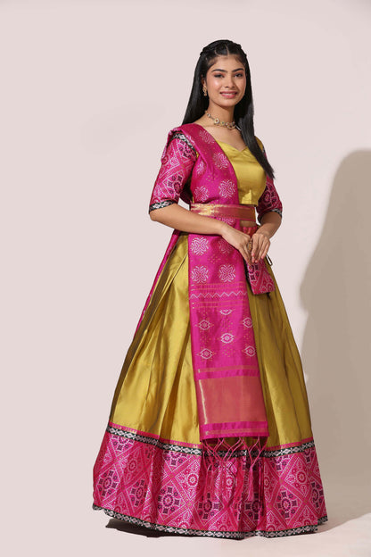 Bandhani Zari Work Semi-Stitched Half Saree with Unstitched Blouse with Dupatta