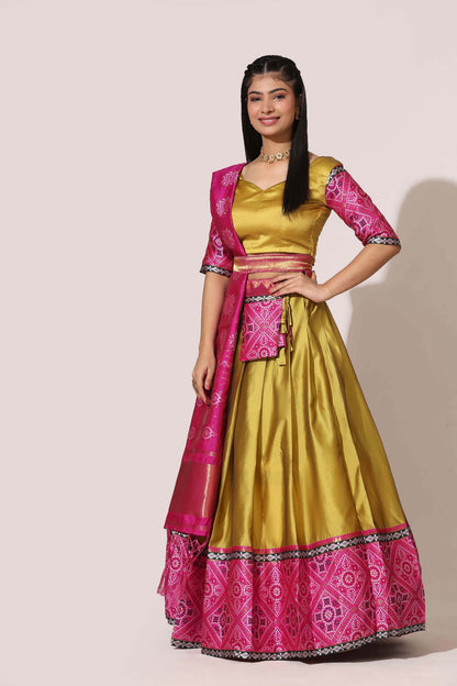 Bandhani Zari Work Semi-Stitched Half Saree with Unstitched Blouse with Dupatta