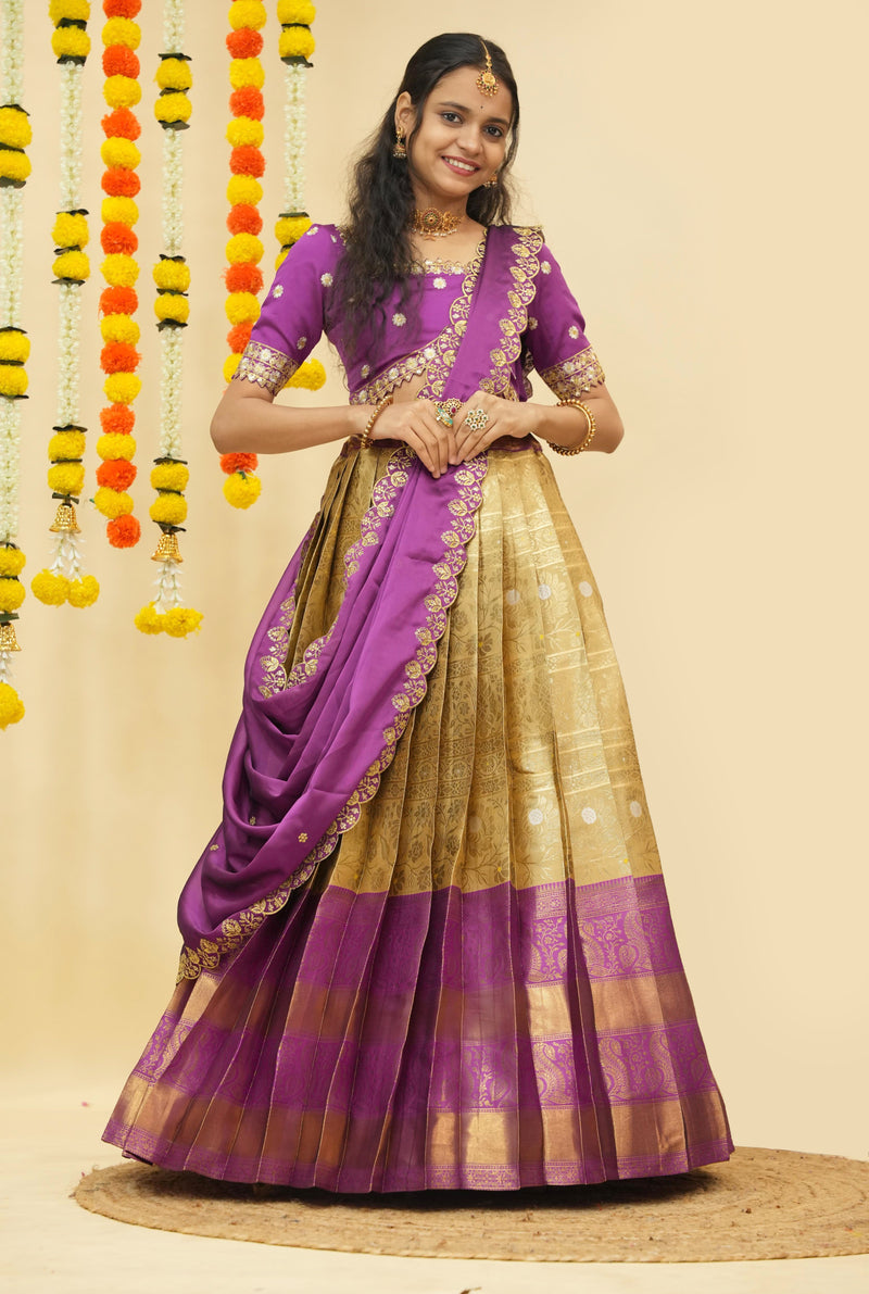 Premium Zari Half Saree with Embroidery Blouse & Rangoli Embroidery Dupatta
