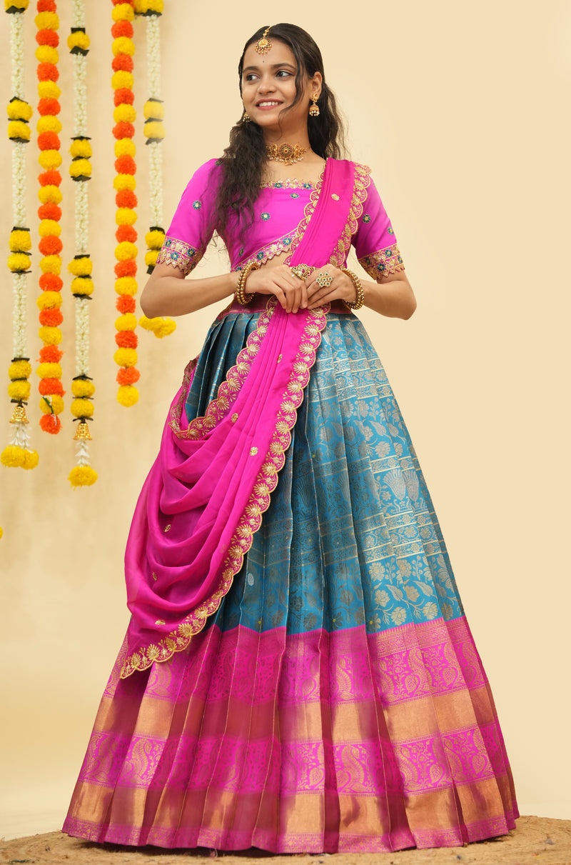 Premium Zari Half Saree with Embroidery Blouse & Rangoli Embroidery Dupatta