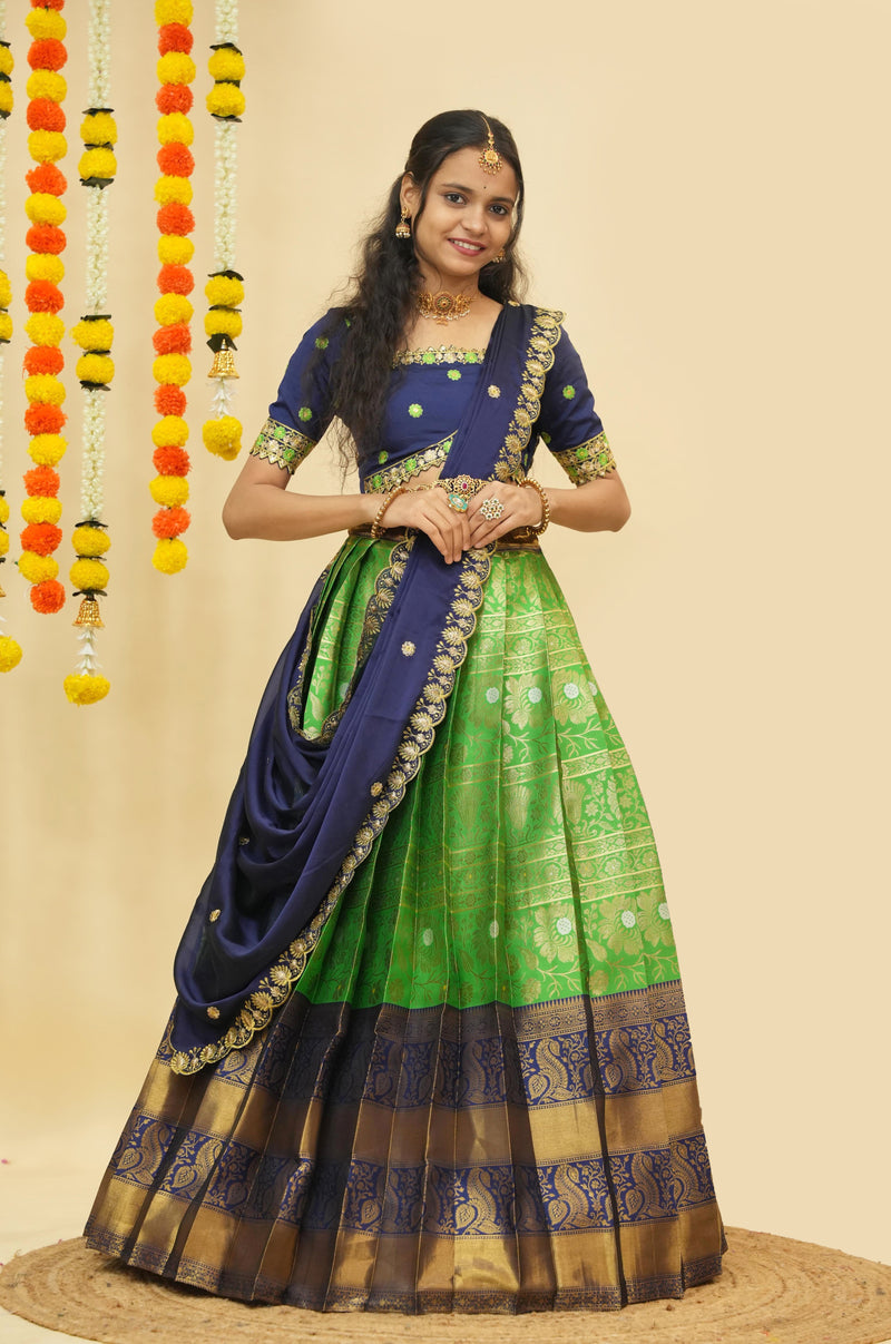 Premium Zari Half Saree with Embroidery Blouse & Rangoli Embroidery Dupatta